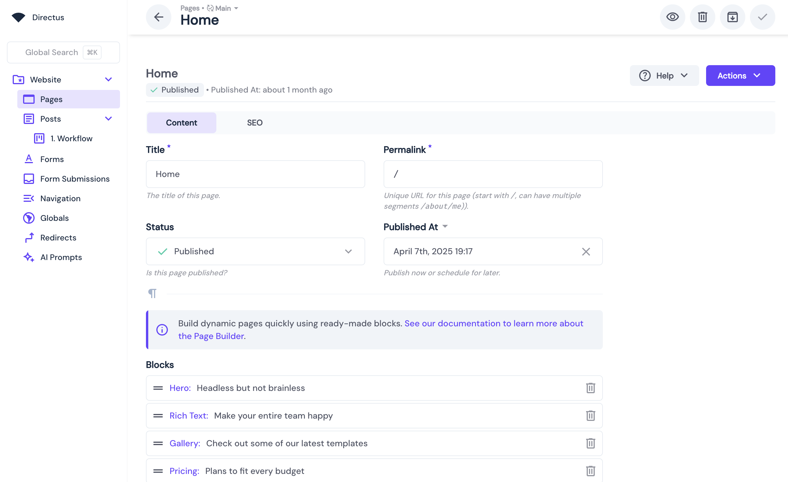 Home Page in Directus